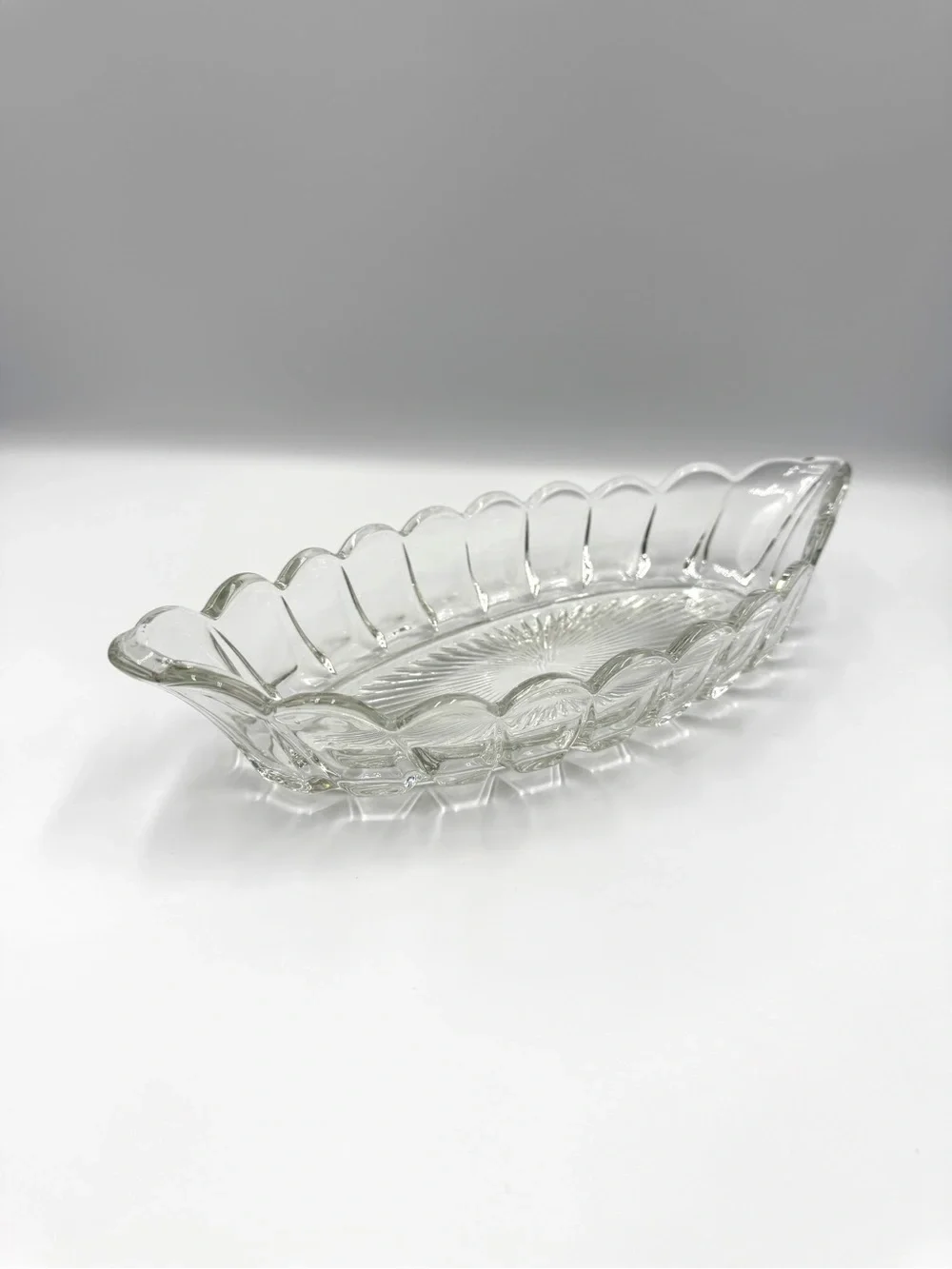 Vintage Clear Pressed Glass Relish Dish 12” Scalloped Serving Bowl